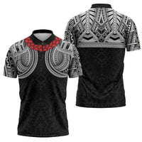Samoan Traditional Art Tattoos Zipper Polo Shirt Tatau Tribal Motifs with Ula Fala Black - Polynesian Pride