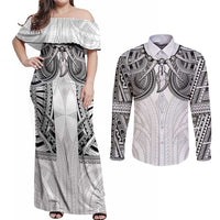Samoan Traditional Art Tattoos Couples Matching Off Shoulder Maxi Dress and Long Sleeve Button Shirt Tatau Tribal Motifs with Ula Nifo White - Polynesian Pride