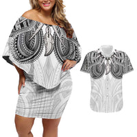 Samoan Traditional Art Tattoos Couples Matching Off Shoulder Short Dress and Hawaiian Shirt Tatau Tribal Motifs with Ula Nifo White - Polynesian Pride