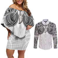 Samoan Traditional Art Tattoos Couples Matching Off Shoulder Short Dress and Long Sleeve Button Shirt Tatau Tribal Motifs with Ula Nifo White - Polynesian Pride