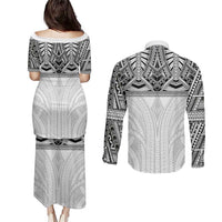 Samoan Traditional Art Tattoos Couples Matching Puletasi and Long Sleeve Button Shirt Tatau Tribal Motifs with Ula Nifo White - Polynesian Pride