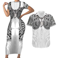 Samoan Traditional Art Tattoos Couples Matching Short Sleeve Bodycon Dress and Hawaiian Shirt Tatau Tribal Motifs with Ula Nifo White LT03 White - Polynesian Pride
