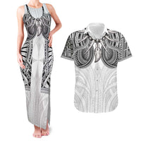 Samoan Traditional Art Tattoos Couples Matching Tank Maxi Dress and Hawaiian Shirt Tatau Tribal Motifs with Ula Nifo White LT03 White - Polynesian Pride