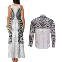 Samoan Traditional Art Tattoos Couples Matching Tank Maxi Dress and Long Sleeve Button Shirt Tatau Tribal Motifs with Ula Nifo White - Polynesian Pride