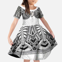 Samoan Traditional Art Tattoos Family Matching Off The Shoulder Long Sleeve Dress and Hawaiian Shirt Tatau Tribal Motifs with Ula Nifo White LT03 Daughter's Dress White - Polynesian Pride