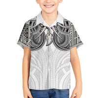 Samoan Traditional Art Tattoos Family Matching Off The Shoulder Long Sleeve Dress and Hawaiian Shirt Tatau Tribal Motifs with Ula Nifo White LT03 Son's Shirt White - Polynesian Pride