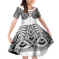 Samoan Traditional Art Tattoos Family Matching Off Shoulder Short Dress and Hawaiian Shirt Tatau Tribal Motifs with Ula Nifo White LT03 Daughter's Dress White - Polynesian Pride