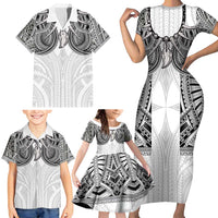 Samoan Traditional Art Tattoos Family Matching Short Sleeve Bodycon Dress and Hawaiian Shirt Tatau Tribal Motifs with Ula Nifo White - Polynesian Pride
