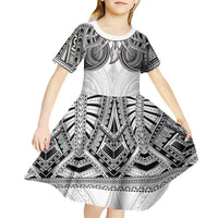 Samoan Traditional Art Tattoos Kid Short Sleeve Dress Tatau Tribal Motifs with Ula Nifo White - Polynesian Pride