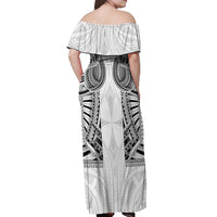 Samoan Traditional Art Tattoos Off Shoulder Maxi Dress Tatau Tribal Motifs with Ula Nifo White - Polynesian Pride