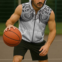 Samoan Traditional Art Tattoos Sleeveless Zip Hoodie Tatau Tribal Motifs with Ula Nifo White - Polynesian Pride