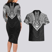 Samoan Traditional Art Tattoos Couples Matching Long Sleeve Bodycon Dress and Hawaiian Shirt Tatau Roman Reigns Black Color LT03 - Polynesian Pride