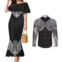Samoan Traditional Art Tattoos Couples Matching Mermaid Dress and Long Sleeve Button Shirt Tatau Roman Reigns Black Color - Polynesian Pride