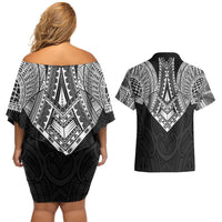 Samoan Traditional Art Tattoos Couples Matching Off Shoulder Short Dress and Hawaiian Shirt Tatau Roman Reigns Black Color LT03 - Polynesian Pride