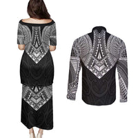 Samoan Traditional Art Tattoos Couples Matching Puletasi and Long Sleeve Button Shirt Tatau Roman Reigns Black Color - Polynesian Pride