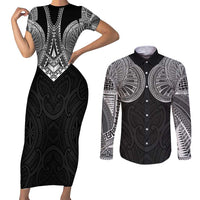 Samoan Traditional Art Tattoos Couples Matching Short Sleeve Bodycon Dress and Long Sleeve Button Shirt Tatau Roman Reigns Black Color - Polynesian Pride