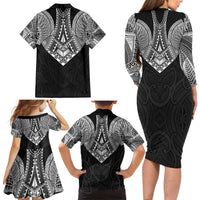 Samoan Traditional Art Tattoos Family Matching Long Sleeve Bodycon Dress and Hawaiian Shirt Tatau Roman Reigns Black Color LT03 - Polynesian Pride