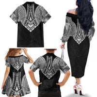 Samoan Traditional Art Tattoos Family Matching Off The Shoulder Long Sleeve Dress and Hawaiian Shirt Tatau Roman Reigns Black Color LT03 - Polynesian Pride