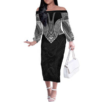 Samoan Traditional Art Tattoos Family Matching Off The Shoulder Long Sleeve Dress and Hawaiian Shirt Tatau Roman Reigns Black Color - Polynesian Pride