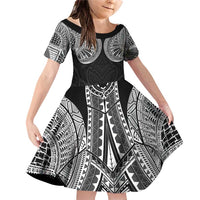 Samoan Traditional Art Tattoos Family Matching Off Shoulder Short Dress and Hawaiian Shirt Tatau Roman Reigns Black Color LT03 Daughter's Dress Black - Polynesian Pride