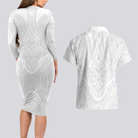 Samoan Traditional Art Tattoos Couples Matching Long Sleeve Bodycon Dress and Hawaiian Shirt Tatau Roman Reigns White Color LT03 - Polynesian Pride