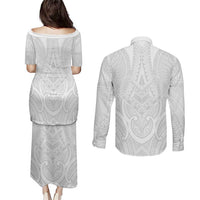 Samoan Traditional Art Tattoos Couples Matching Puletasi and Long Sleeve Button Shirt Tatau Roman Reigns White Color - Polynesian Pride