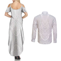 Samoan Traditional Art Tattoos Couples Matching Summer Maxi Dress and Long Sleeve Button Shirt Tatau Roman Reigns White Color - Polynesian Pride