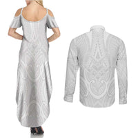 Samoan Traditional Art Tattoos Couples Matching Summer Maxi Dress and Long Sleeve Button Shirt Tatau Roman Reigns White Color - Polynesian Pride