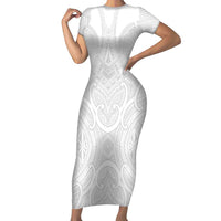 Samoan Traditional Art Tattoos Family Matching Short Sleeve Bodycon Dress and Hawaiian Shirt Tatau Roman Reigns White Color LT03 Mom's Dress White - Polynesian Pride
