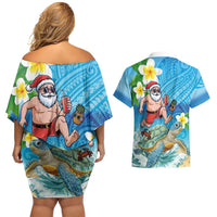 Polynesian Merry Christmas Couples Matching Off Shoulder Short Dress and Hawaiian Shirt Funny Santa with Sea Turtle Beach Plumeria - Polynesian Pride