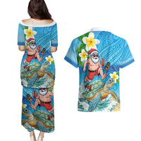 Polynesian Merry Christmas Couples Matching Puletasi and Hawaiian Shirt Funny Santa with Sea Turtle Beach Plumeria LT03 - Polynesian Pride