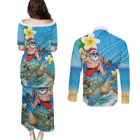 Polynesian Merry Christmas Couples Matching Puletasi and Long Sleeve Button Shirt Funny Santa with Sea Turtle Beach Plumeria LT03 - Polynesian Pride