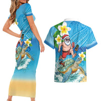 Polynesian Merry Christmas Couples Matching Short Sleeve Bodycon Dress and Hawaiian Shirt Funny Santa with Sea Turtle Beach Plumeria LT03 - Polynesian Pride
