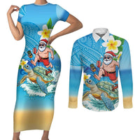 Polynesian Merry Christmas Couples Matching Short Sleeve Bodycon Dress and Long Sleeve Button Shirt Funny Santa with Sea Turtle Beach Plumeria - Polynesian Pride