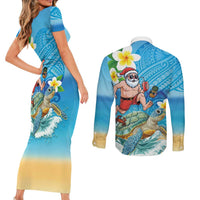 Polynesian Merry Christmas Couples Matching Short Sleeve Bodycon Dress and Long Sleeve Button Shirt Funny Santa with Sea Turtle Beach Plumeria - Polynesian Pride
