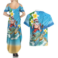 Polynesian Merry Christmas Couples Matching Summer Maxi Dress and Hawaiian Shirt Funny Santa with Sea Turtle Beach Plumeria - Polynesian Pride