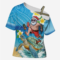 Polynesian Merry Christmas Cross Shoulder Shirt Funny Santa with Sea Turtle Beach Plumeria LT03 Female Multicolor - Polynesian Pride