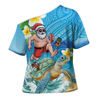 Polynesian Merry Christmas Cross Shoulder Shirt Funny Santa with Sea Turtle Beach Plumeria LT03 - Polynesian Pride