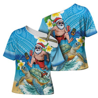 Polynesian Merry Christmas Cross Shoulder Shirt Funny Santa with Sea Turtle Beach Plumeria LT03 - Polynesian Pride