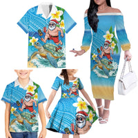 Polynesian Merry Christmas Family Matching Off The Shoulder Long Sleeve Dress and Hawaiian Shirt Funny Santa with Sea Turtle Beach Plumeria LT03 - Polynesian Pride