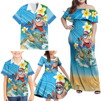 Polynesian Merry Christmas Family Matching Off Shoulder Maxi Dress and Hawaiian Shirt Funny Santa with Sea Turtle Beach Plumeria LT03 - Polynesian Pride