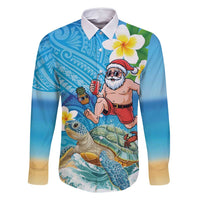 Polynesian Merry Christmas Family Matching Off Shoulder Maxi Dress and Hawaiian Shirt Funny Santa with Sea Turtle Beach Plumeria LT03 Dad's Shirt - Long Sleeve Multicolor - Polynesian Pride