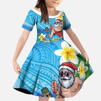 Polynesian Merry Christmas Family Matching Off Shoulder Short Dress and Hawaiian Shirt Funny Santa with Sea Turtle Beach Plumeria LT03 Daughter's Dress Multicolor - Polynesian Pride