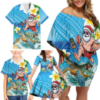 Polynesian Merry Christmas Family Matching Off Shoulder Short Dress and Hawaiian Shirt Funny Santa with Sea Turtle Beach Plumeria LT03 - Polynesian Pride