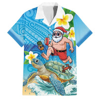 Polynesian Merry Christmas Family Matching Off Shoulder Short Dress and Hawaiian Shirt Funny Santa with Sea Turtle Beach Plumeria LT03 Dad's Shirt - Short Sleeve Multicolor - Polynesian Pride