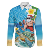 Polynesian Merry Christmas Family Matching Off Shoulder Short Dress and Hawaiian Shirt Funny Santa with Sea Turtle Beach Plumeria LT03 Dad's Shirt - Long Sleeve Multicolor - Polynesian Pride