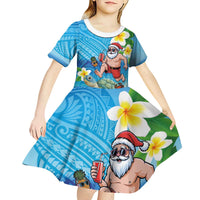 Polynesian Merry Christmas Kid Short Sleeve Dress Funny Santa with Sea Turtle Beach Plumeria LT03 - Polynesian Pride