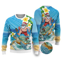 Polynesian Merry Christmas Ugly Christmas Sweater Funny Santa with Sea Turtle on Beach and Plumeria - Polynesian Pride
