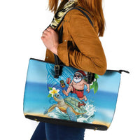 Polynesian Merry Christmas Leather Tote Bag Funny Santa with Sea Turtle Beach Plumeria - Polynesian Pride