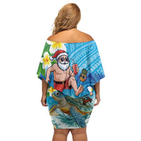 Polynesian Merry Christmas Off Shoulder Short Dress Funny Santa with Sea Turtle Beach Plumeria - Polynesian Pride